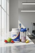 DELITE HUB Premium Whey Protein tub on a gym counter with shaker bottle and fresh fruits