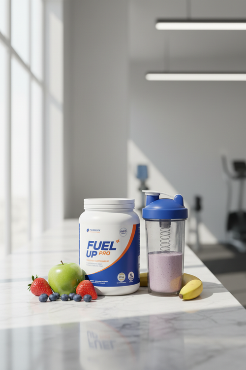 DELITE HUB Premium Whey Protein tub on a gym counter with shaker bottle and fresh fruits